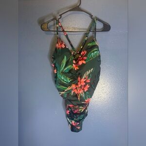 Aqua Green women's XL tropical green/pink one-piece open back swimsuit NEW